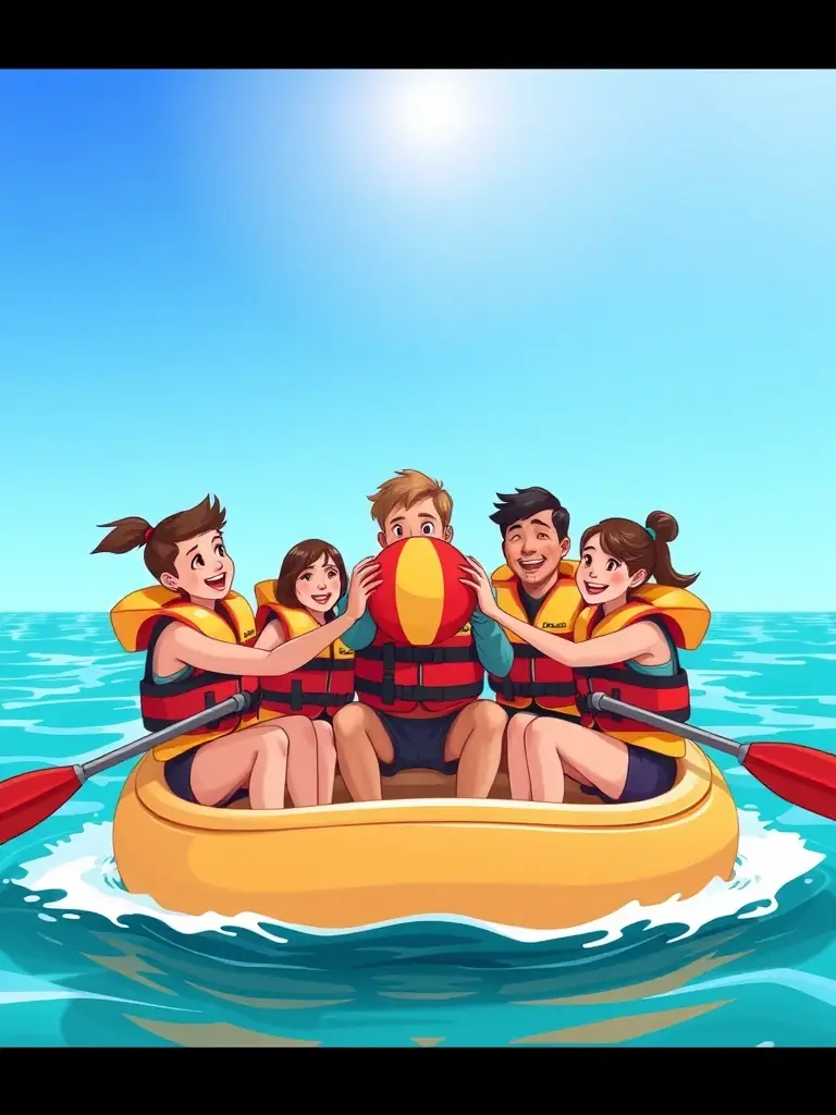 A picturesque scene of a group participating in a team-building activity on the water, highlighting collaboration and fun.