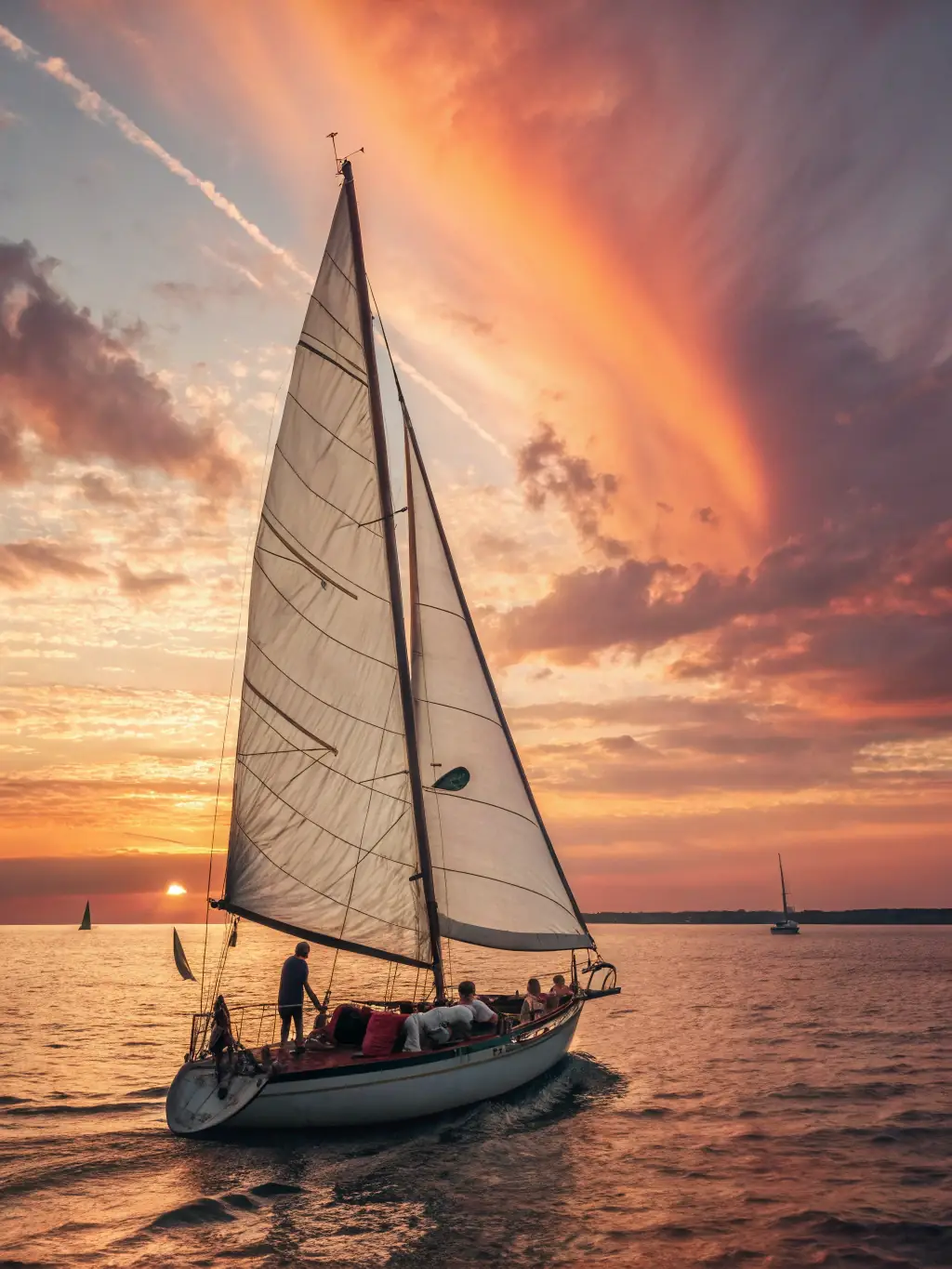 A dynamic image of a group of people sailing on a lake during a sunny day, showcasing teamwork and the joy of sailing.