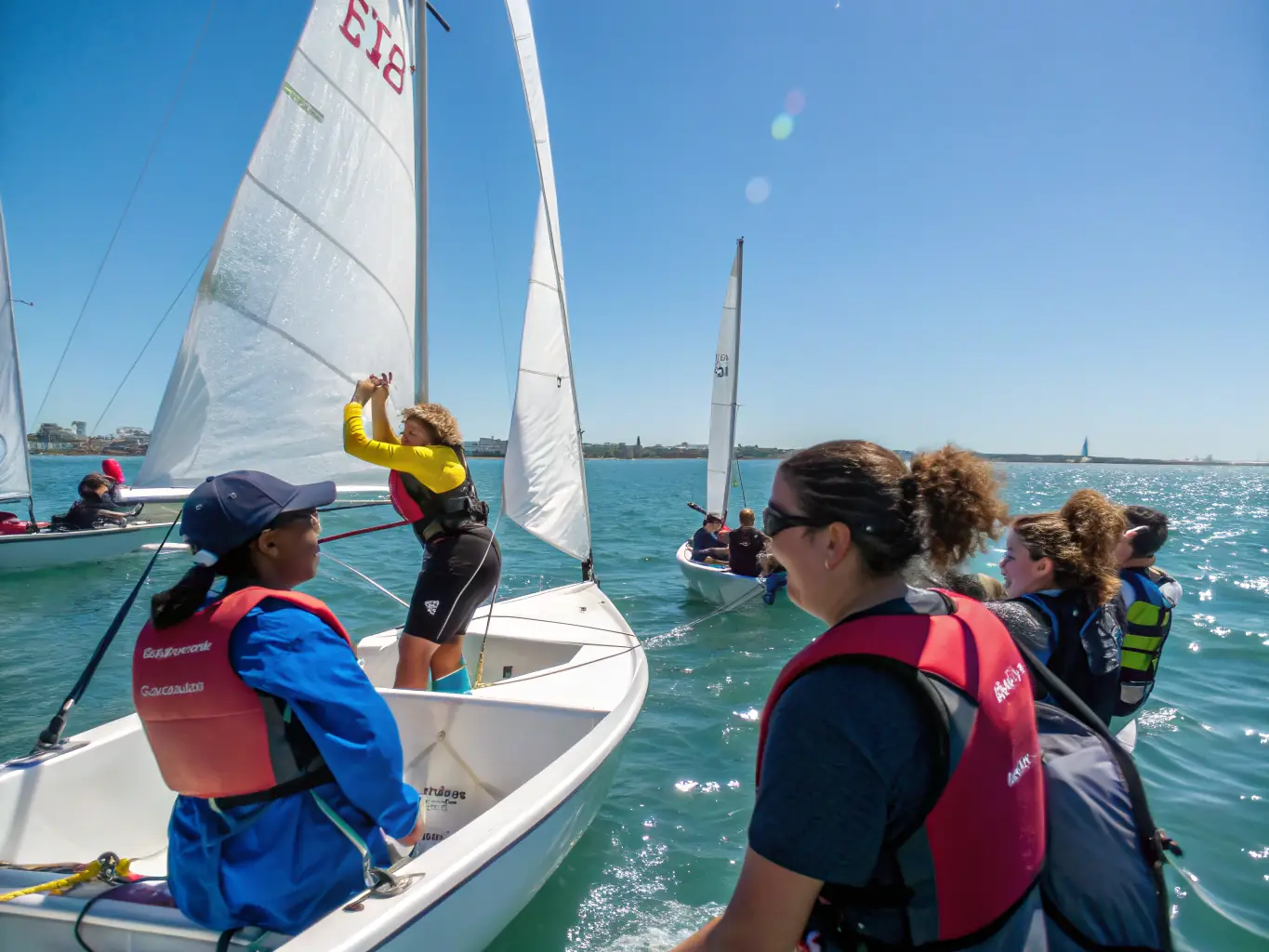 A dynamic image showcasing a group of people sailing on a sunny day, with the instructor providing guidance and the participants enjoying the activity.
