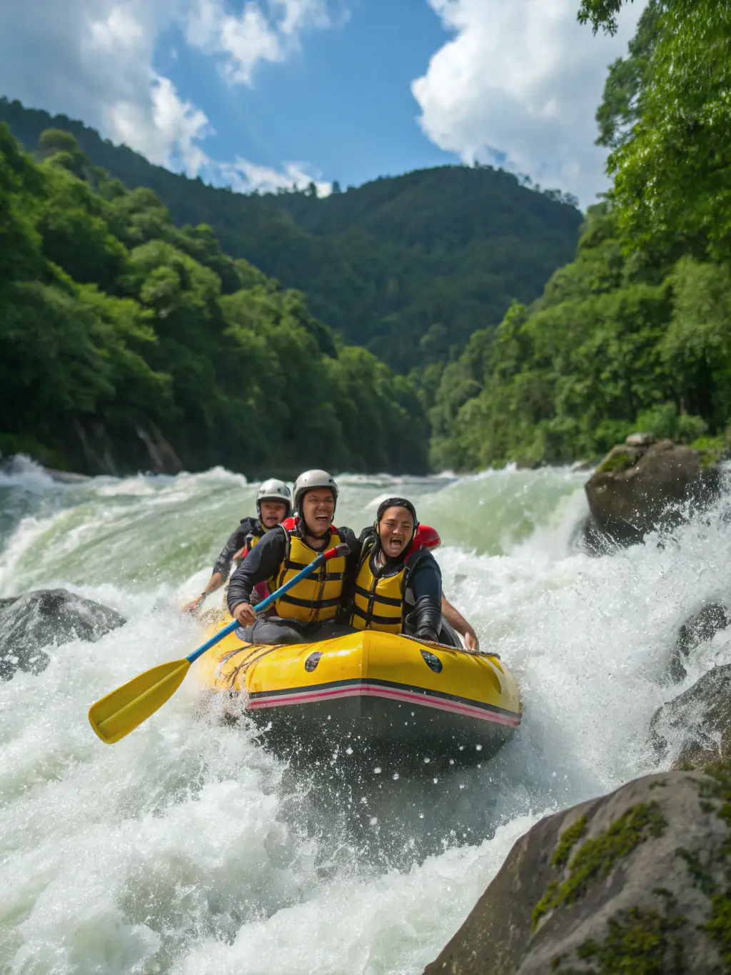 An action shot of kayakers navigating through rapids, demonstrating the excitement and challenge of kayaking.