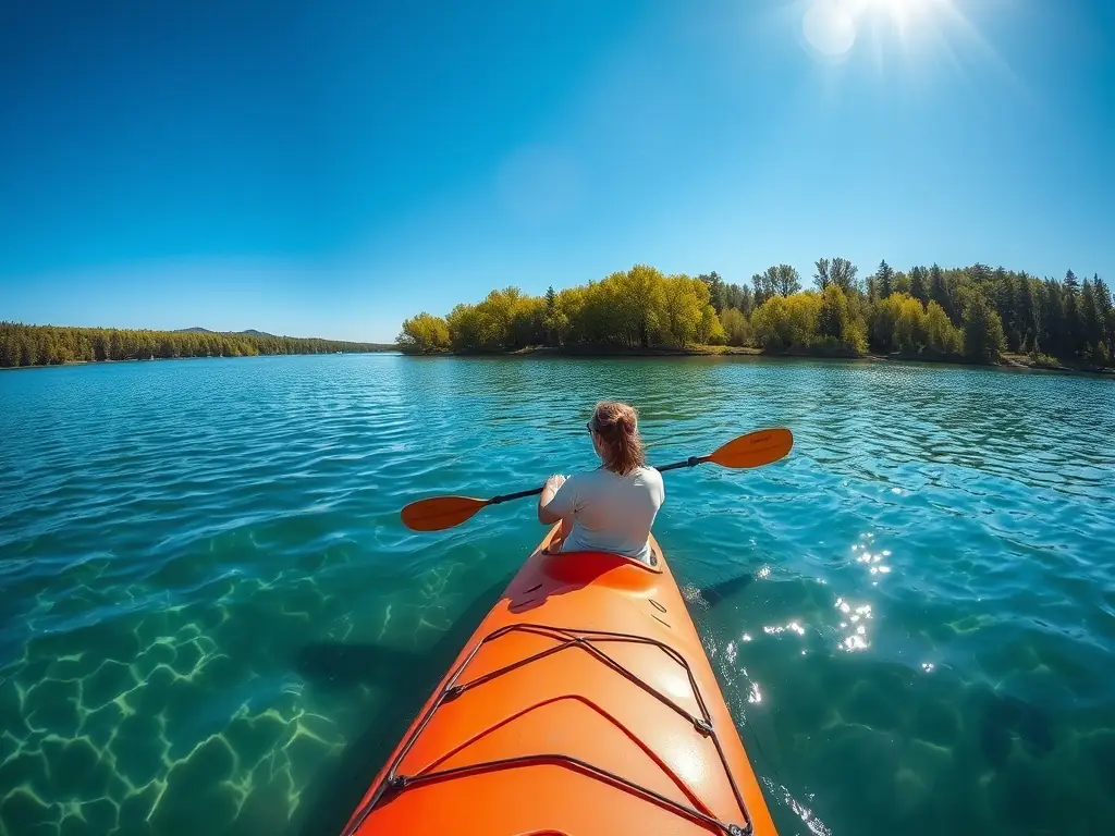 A serene image of individuals canoeing on a calm lake, surrounded by lush greenery, reflecting the tranquility and beauty of nature.