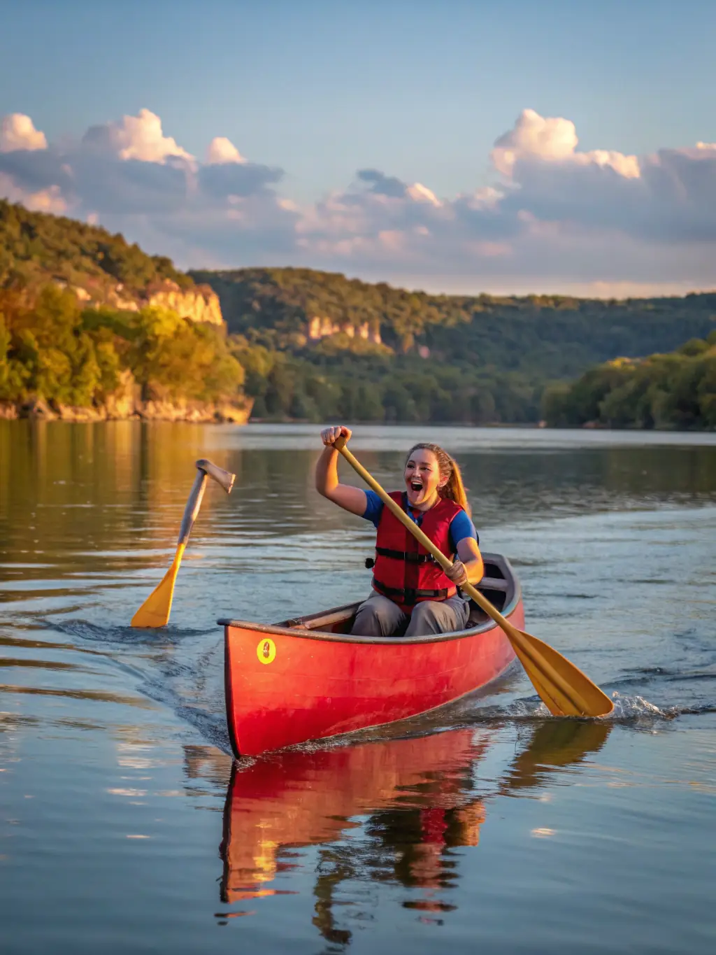 A serene photo of individuals canoeing down a calm river, surrounded by lush greenery, emphasizing the tranquility and connection with nature.