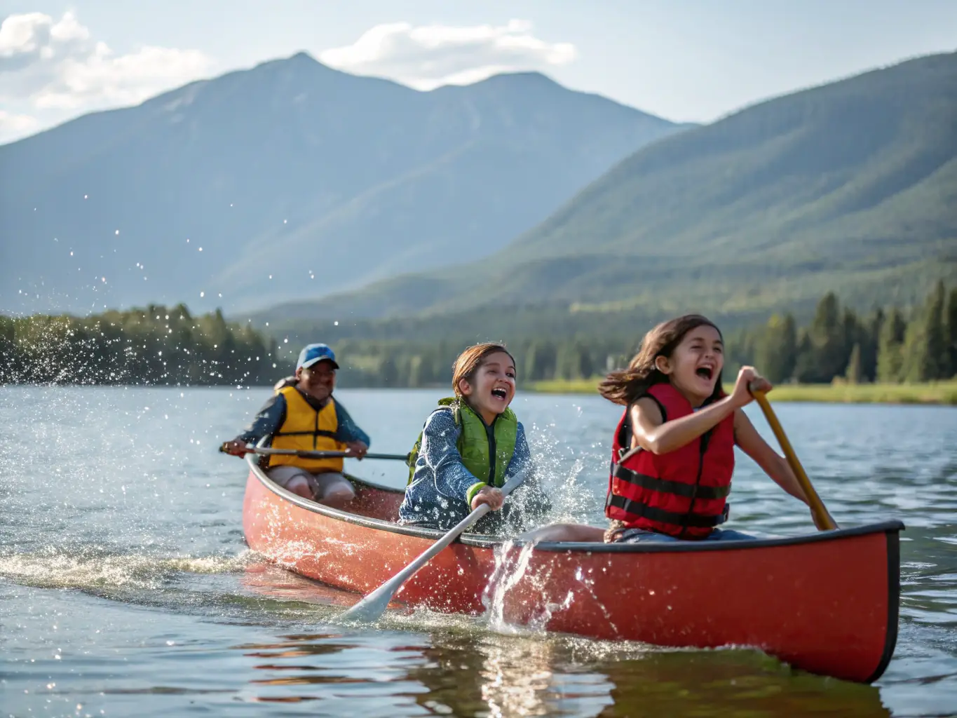 A photo of children laughing and playing in the water during a summer camp program, supervised by instructors. The scene captures the fun and engaging atmosphere of the camp.