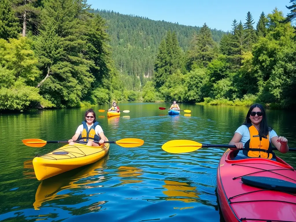 A group of kayakers paddling down a calm river, surrounded by lush greenery, under a sunny sky. The kayakers are smiling and appear to be enjoying their time on the water.