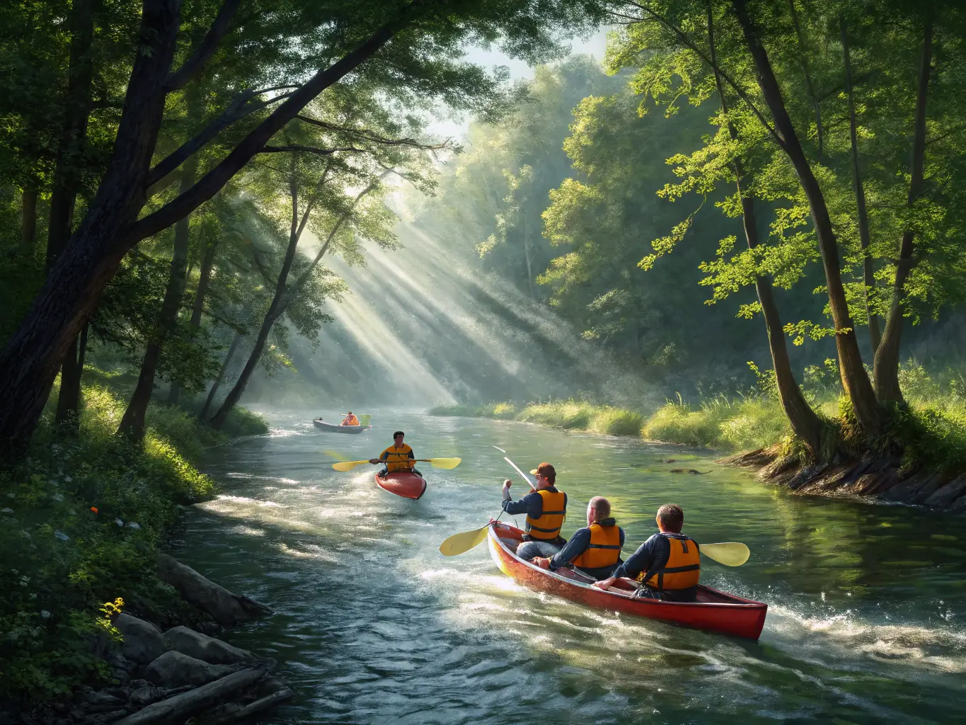 An action shot of kayakers navigating through gentle rapids, showcasing the excitement and adventure of kayaking.